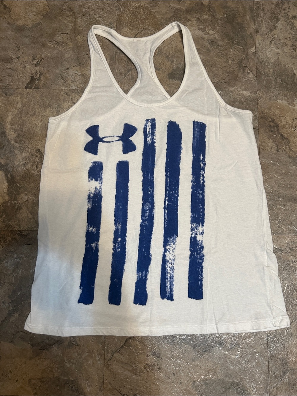 Under Armour White Racerback Tank with Blue Flag Graphic